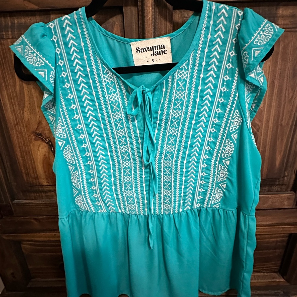 Savanna Jane Turquoise Embroidered Blouse